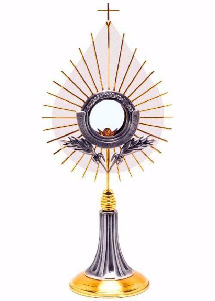 Imagen de Custodia litúrgica con luneta H. cm 58 (22,8 inch) estilo moderno Uvas Espigas Rayos de Luz latón Bicolor Ostensorio Santísimo Sacramento