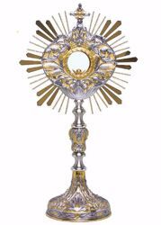 Picture of Church Monstrance with lunette H. cm 68 (26,8 inch) Grapes Ears of Wheat Leaves Rays of Light brass Bicolor Ostensorium Blessed Sacrament