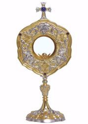 Picture of Church Monstrance with lunette H. cm 39 (15,4 inch) Baroque Grapes Ears of Wheat Cross Lapis Lazuli brass Bicolor for Blessed Sacrament