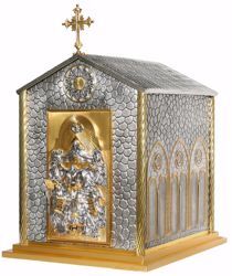 Immagine di Tabernacolo da Mensa con illuminazione cm 62x51x58 (24,4x20,1x22,8 inch) Crocifissione Trinità Colonne Tempio Croce ottone cesellato Bicolor 