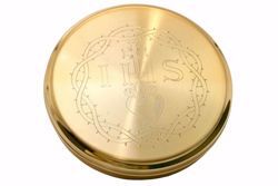 Picture of Eucharistic Pyx Hosts Box Diam. cm 15 (5,9 inch) Sacred Heart of Jesus IHS Thorns in brass Gold 