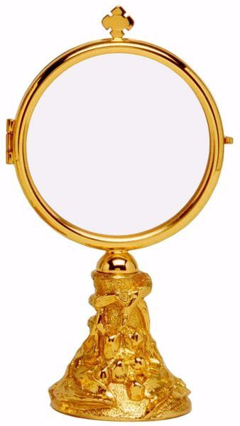 Immagine di Teca Eucaristica Ostensorio Diam. cm 8 (3,1 inch) base decorata in ottone Oro per esposizione Santissimo Sacramento Chiesa