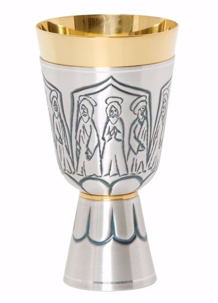 Imagen de Cáliz eucarístico H. cm 17 (6,7 inch) Doce Apóstoles de latón cincelado Oro Plata para Altar Vino Santa Misa