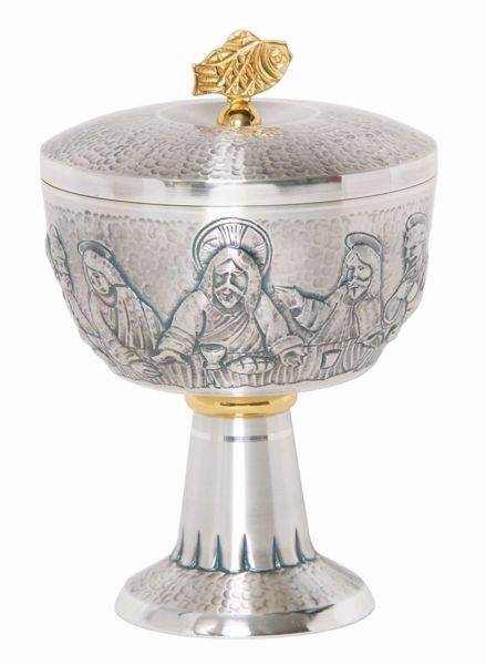 Immagine di Pisside liturgica H. cm 18 (7,1 inch) Ultima Cena in ottone cesellato Oro Argento 