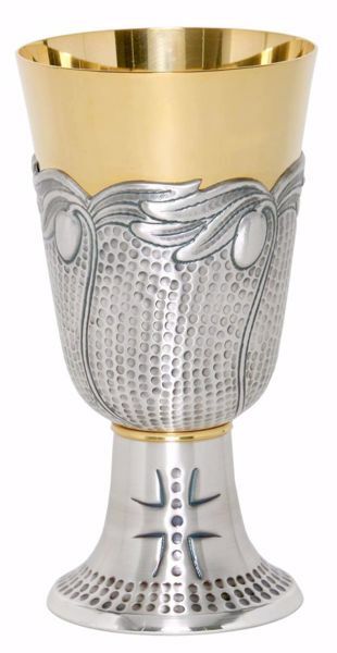 Picture of Liturgical Chalice H. cm 17 (6,7 inch) Cross Olive in chiseled brass Gold Silver for Holy Mass Altar Wine