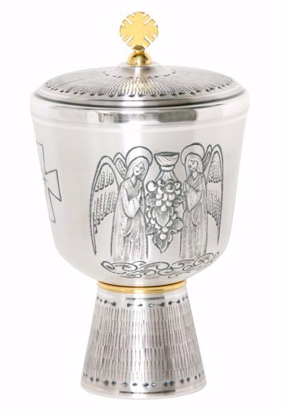 Picture of Liturgical Ciborium H. cm 21 (8,3 inch) Angels in Prayer Grapes in chiseled brass Gold Silver 