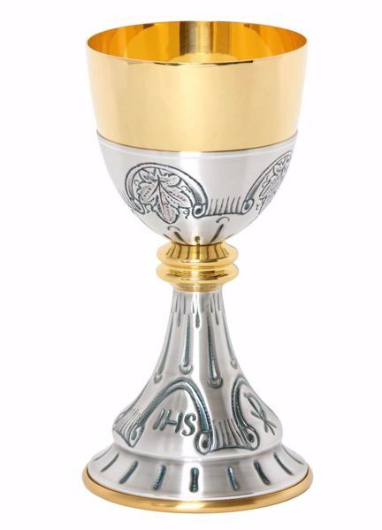 Immagine di Calice liturgico H. cm 21 (8,3 inch) Foglie d’Uva IHS Simboli Sacri in ottone cesellato Oro Argento da Altare per vino da Messa