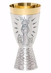 Picture of Liturgical Chalice H. cm 18 (7,1 inch) Jesus the Good Shepherd in chiseled brass Gold Silver for Holy Mass Altar Wine
