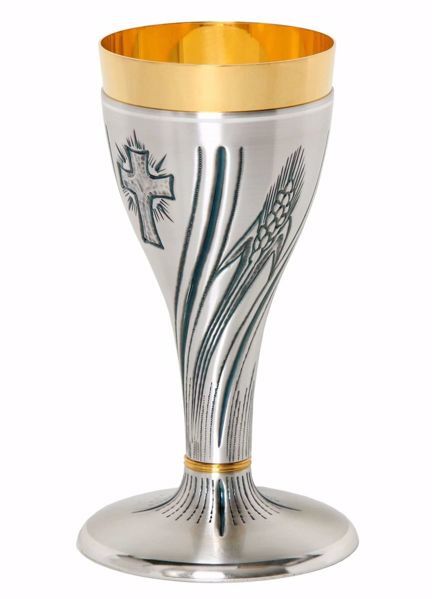 Picture of Liturgical Chalice H. cm 20 (7,9 inch) Cross Ears of Wheat in chiseled brass Gold Silver for Holy Mass Altar Wine