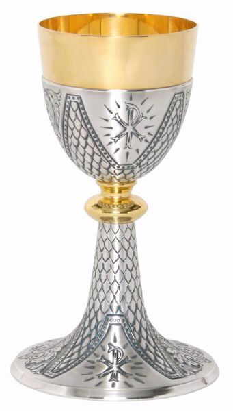 Imagen de Cáliz eucarístico H. cm 20,5 (8,1 inch) Crismón motivos florales de latón cincelado Oro Plata para Altar Vino Santa Misa