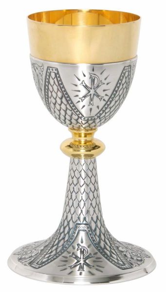 Immagine di Calice Messa H. 20,5 cm Chrismon motivi floreali cesellato