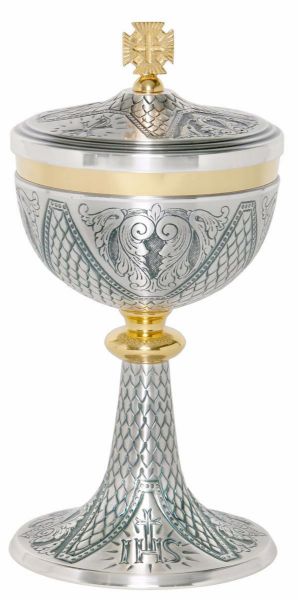 Immagine di Pisside H. 24,5 cm Chrismon motivi floreali ottone cesellato