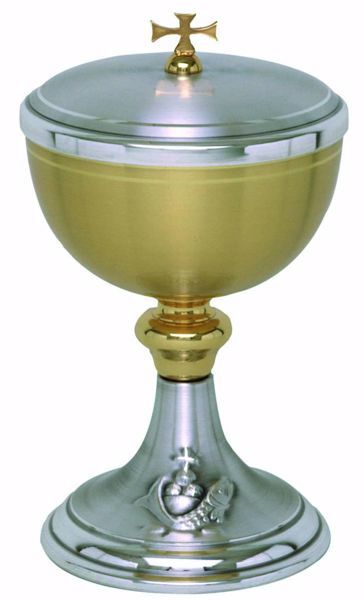 Immagine di Pisside liturgica H. cm 21 (8,3 inch) Pani Pesci in ottone cesellato Oro Argento 