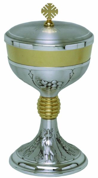 Immagine di Pisside H. 22,5 cm Croce Agnello Uva Spighe ottone cesellato