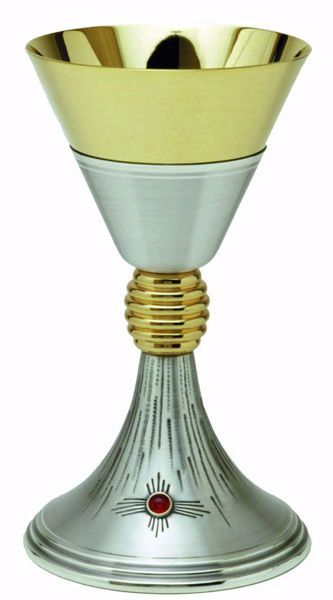 Picture of Liturgical Chalice H. cm 20 (7,9 inch) with Knot Cross Red Swarovski in chiseled brass Gold Silver for Holy Mass Altar Wine
