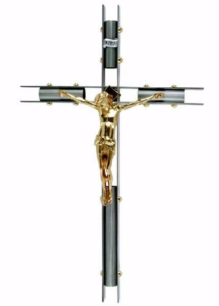 Picture of Wall mounted Crucifix cm 65x40 (25,6x15,7 inch) Modern style with tubular arms in brass Gold Silver Cross for Churches