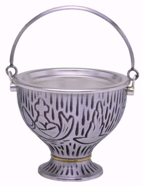 Picture of Holy Water Vat H. cm 11 (4,3 inch) Grapes Loaves Fishes in brass Gold Silver blessed water Liturgical Aspersorium Bucket Pot
