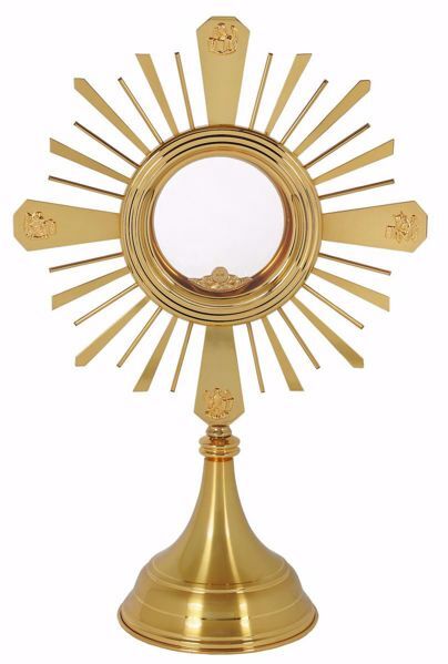 Picture of Eucharistic Monstrance Shrine with Lunette Magna Host cm 12,5 (4,9 in) cm 56x36 (22.0x14,2 inch) smooth satin Evangelists Rays of Light brass Gold Silver 