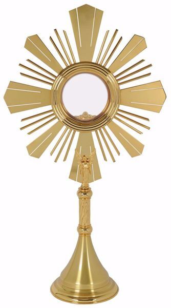 Picture of Large Monstrance Shrine with Lunette Magna Host cm 12,5 (4,9 in) cm 76x41 (29,9x16,1 inch) smooth satin Angel Rays of Light brass Gold Silver for Blessed Sacrament