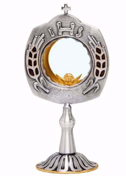 Immagine di Teca Eucaristica Ostensorio con lunetta con smalto H. cm 27 (10,6 inch) Spighe stilizzate IHS ottone Oro Argento Santissimo Sacramento