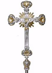 Picture of Processional Cross cm 57,5x31 (22,6x12,2 inch) Baroque Style Rays of Light Holy Spirit brass Gold Silver Bicolor Crucifix for Church Procession 