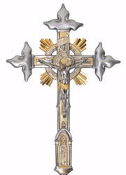 Immagine di Crocifisso da muro cm 30x45 (11,8x17,7 inch) Punte a trifoglio Raggi Tabernacolo ottone Oro Argento Bicolor Croce da Parete per Chiesa