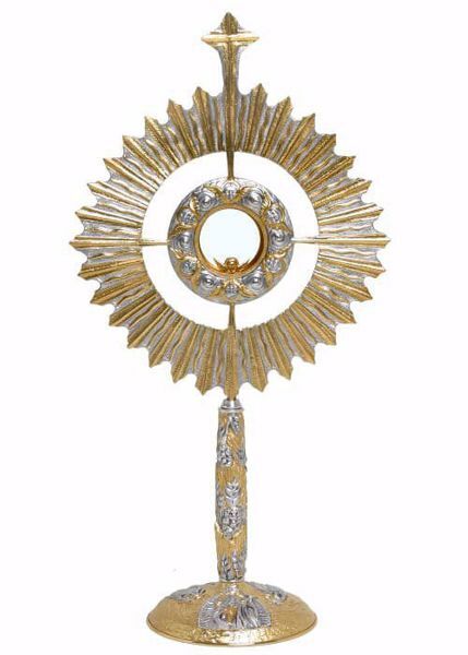 Picture of Church Monstrance with lunette H. cm 70 (27,6 inch) Grapes Ears of Wheat Angels Rays of Light brass Gold Silver Bicolor for Blessed Sacrament