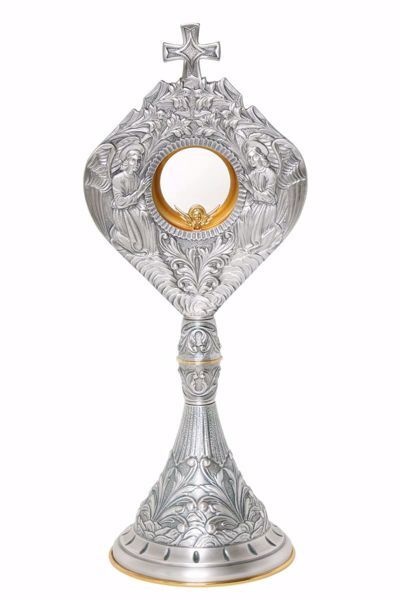 Immagine di Ostensorio con lunetta H. cm 54 (21,3 inch) Angeli in preghiera Fiori in ottone con piede cesellato Oro Argento Bicolor per Santissimo Sacramento