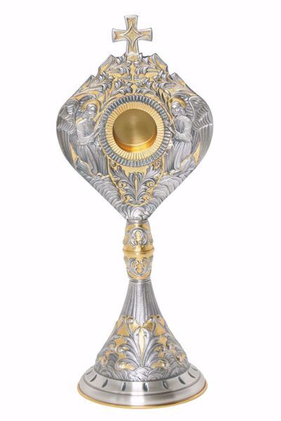 Imagen de Relicario litúrgico H. cm 54 (21,3 inch) Ángeles en Oración Flores latón pie cincelado Oro Plata Bicolor para Reliquias Sagradas