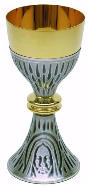 Immagine di Calice liturgico H. cm 17,5 (6,9 inch) Santo Volto di Gesù in ottone Oro Argento da Altare per vino da Messa