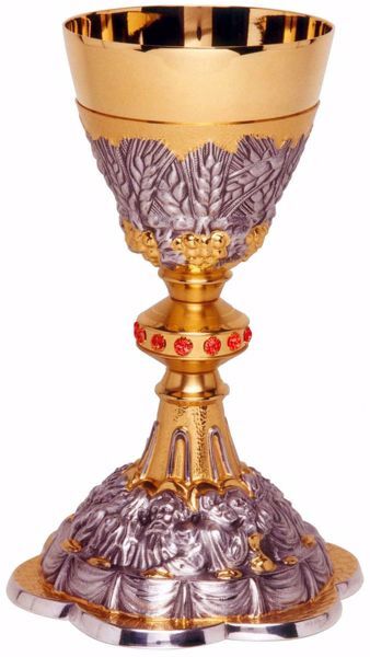 Picture of Liturgical Chalice H. cm 23 (9,1 inch) Grapes Ears of Wheat Last Supper in brass Bicolor for Holy Mass Altar Wine