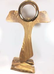 Picture of Church Monstrance for Magna Hosts with lunette cm 60x37 (23,6x14,6 inch) Saint Francis Tau Cross in Olive Wood of Assisi