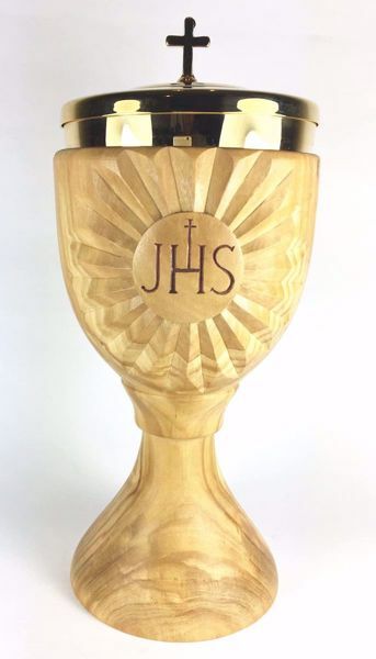 Picture of Liturgical Ciborium H. cm 20 (7,9 inch) JHS Symbol and Rays of Light in Olive Wood of Assisi
