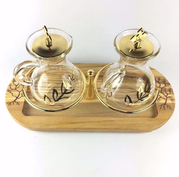 Picture of Water and Wine liturgical Cruet Set Olive Leaves in Olive Wood of Assisi