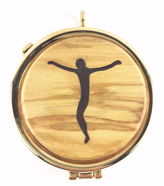 Picture of Eucharistic Pyx Hosts Box Diam. cm 5 (2,0 inch) Christ crucified in Gold plated Brass and Olive Wood of Assisi