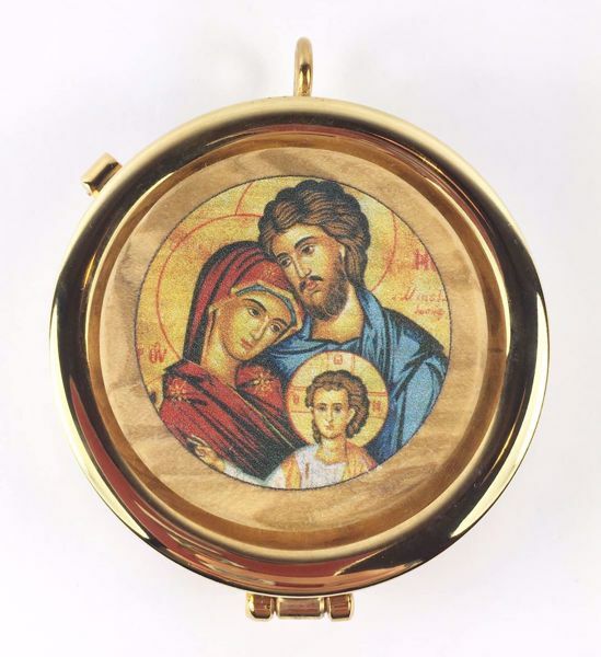 Picture of Eucharistic Pyx Hosts Box Diam. cm 5 (2,0 inch) Holy Family in Gold plated Brass and Olive Wood of Assisi