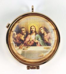 Picture of Eucharistic Pyx Hosts Box Diam. cm 5 (2,0 inch) Last Supper in Gold plated Brass and Olive Wood of Assisi