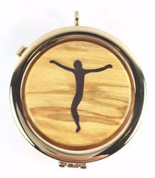 Picture of Eucharistic Pyx Hosts Box Diam. cm 6 (2,4 inch) Christ crucified in Gold plated Brass and Olive Wood of Assisi