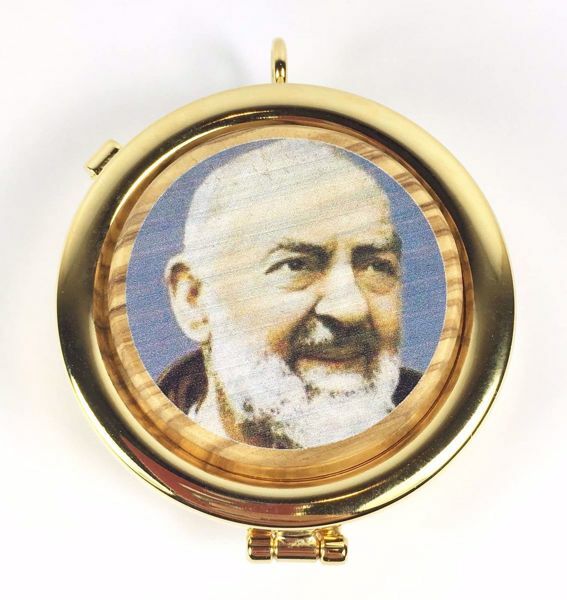 Picture of Eucharistic Pyx Hosts Box Diam. cm 6 (2,4 inch) Saint Padre Pio of Pietrelcina in Gold plated Brass and Olive Wood of Assisi