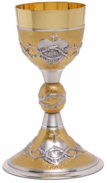 Picture of Liturgical Chalice H. cm 22,5 (8,9 inch) Sacred Heart and Crown Thorns in 800/1000 Silver Gold Silver Bicolor for Holy Mass Altar Wine