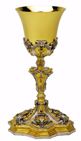 Imagen de Cáliz eucarístico H. cm 24 (9,4 inch) Estilo Barroco de latón con Copa de Plata 800/1000 Bicolor para Altar Vino Santa Misa