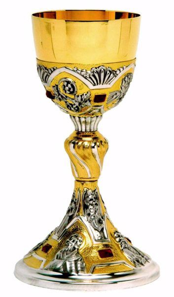 Picture of Liturgical Chalice H. cm 24 (9,4 inch) Baroque style Evangelists Red Swarovski brass with 800/1000 Silver Cup Bicolor for Altar Wine