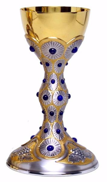 Imagen de Cáliz eucarístico H. cm 23,5 (9,3 inch) Uvas Rayos de Luz Lapislázuli de Plata 800/1000 Bicolor para Altar Vino Santa Misa