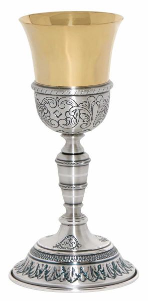 Immagine di Calice sacro H. 25 cm a corolla Foglie IHS cesellato