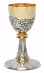 Immagine di Calice liturgico H. cm 20,5 (8,1 inch) Tralci d’Uva Spighe di Grano in ottone cesellato Oro Argento Bicolor da Altare per vino da Messa