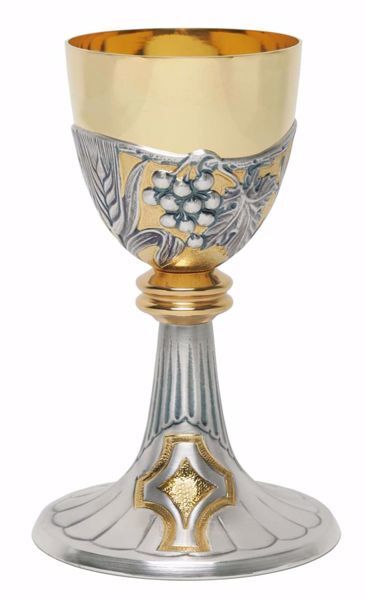 Imagen de Cáliz eucarístico H. cm 20,5 (8,1 inch) Espigas de Trigo Uvas de latón cincelado Oro Plata Bicolor para Altar Vino Santa Misa