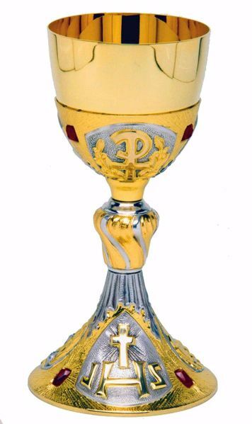 Picture of Liturgical Chalice H. cm 24 (9,4 inch) IHS Pax Red Swarovski in brass Bicolor for Holy Mass Altar Wine