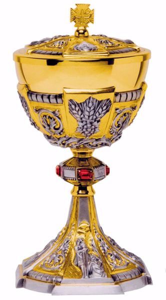 Picture of Liturgical Ciborium H. cm 27 (10,6 inch) Baroque style with Ears of Wheat Crown of Thorns Red Swarovski in 800/1000 Silver Bicolor 
