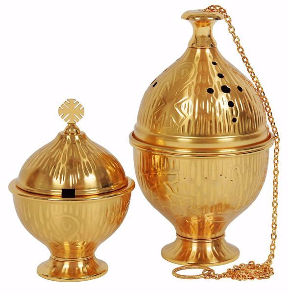Picture of Thurible Boat low Knot 1 chain in chiseled brass Gold Silver Church liturgical Censer for Mass
