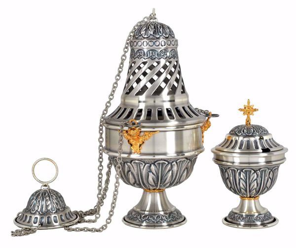 Picture of Thurible Boat Leaves in chiseled brass Gold Silver Church liturgical Censer for Mass